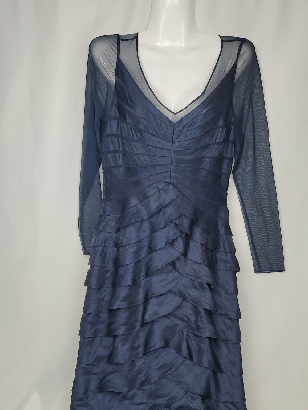 Adrianna Papell Navy V-Neck Layered Ruffle Long Sleeve Dress